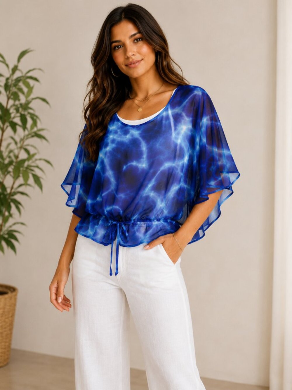Outback Red Blue Water Print Sheer Chiffon Boho Blouse XS